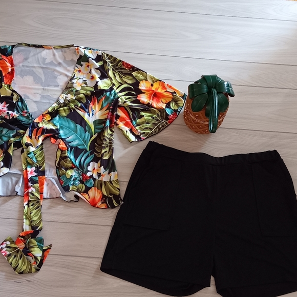 Floral Printed Irregular Lace-Up Shirt Shorts Fashion Casual Two Pieces Set - Picture 14 of 15